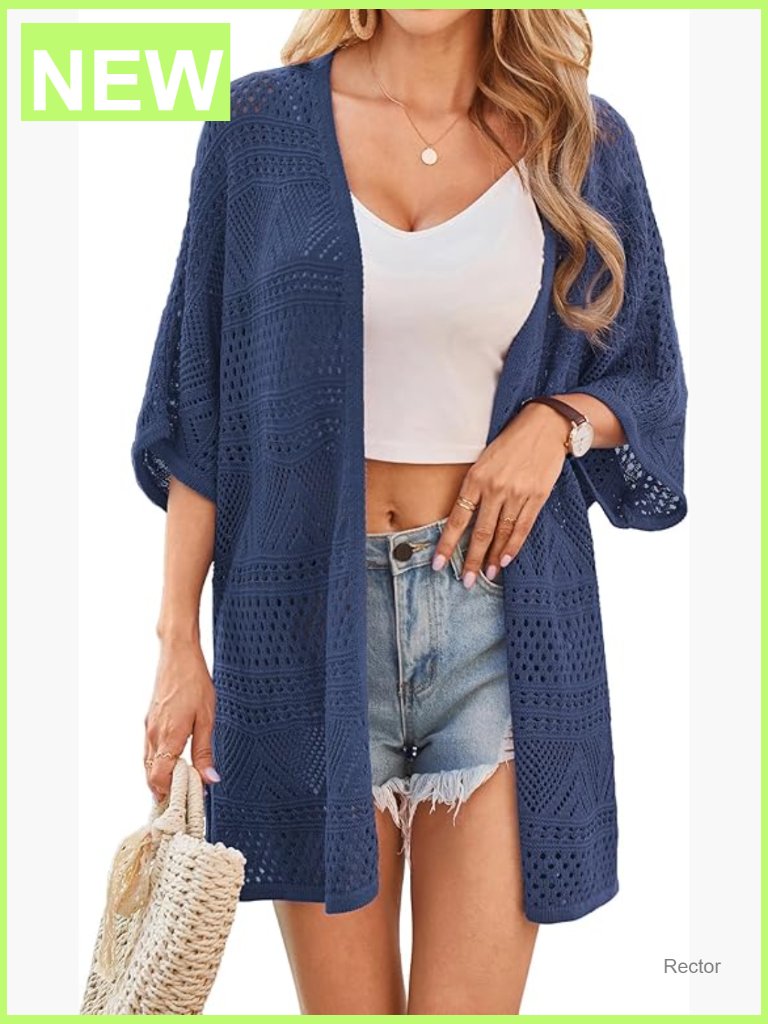 Oversized Crochet Cardigan V-Neck Short Sleeve Lightweight Knit Boho